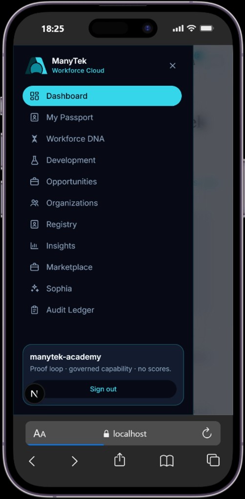 ManyTek Workforce Cloud navigation on mobile